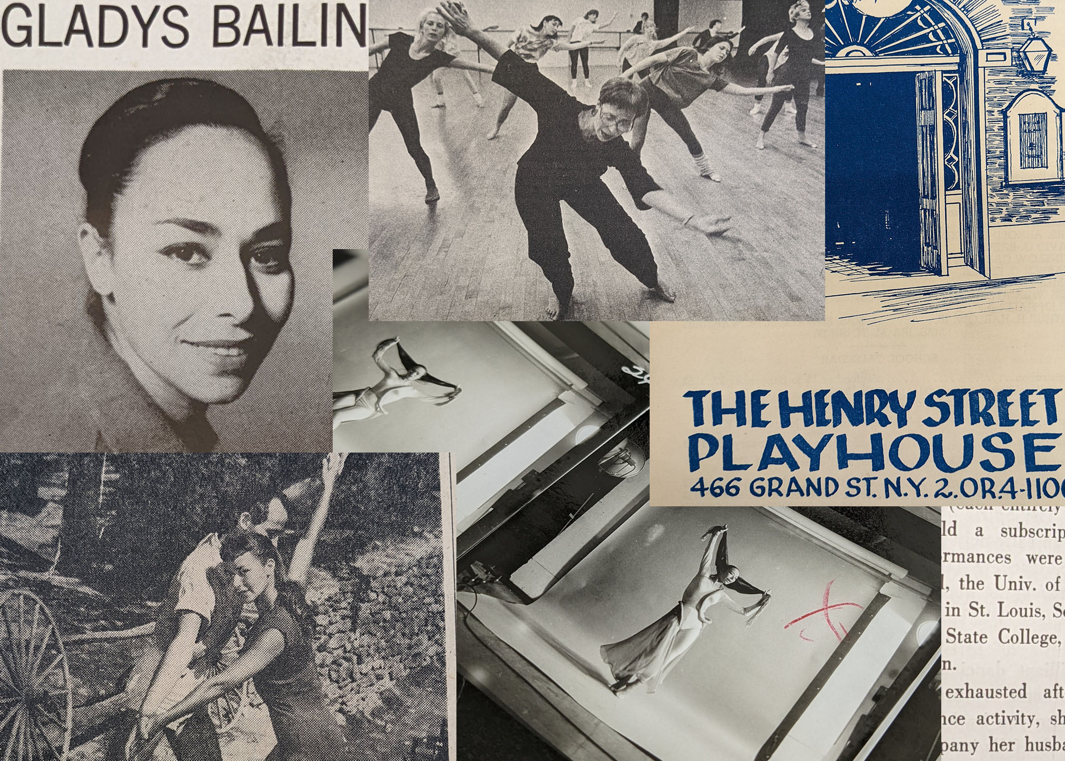 collage of news clippings of Gladys Bailin - portrait, leading a dance class, dancing with Murray Louis, and a program from the Henry Street Playhouse, and images from a professional photography shoot featuring Bailin in a dance pose.