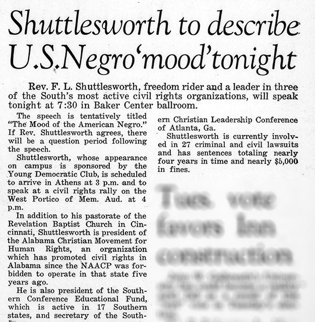 Shuttlesworth to describe U.S. Negro 'mood' tonight. Article from The Post (Athens, Ohio), November 07, 1963. Page 1.