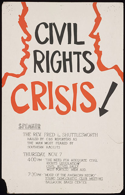 Civil Rights Crisis, Fred Shuttlesworth lecture poster, Ohio University, November 7, 1963