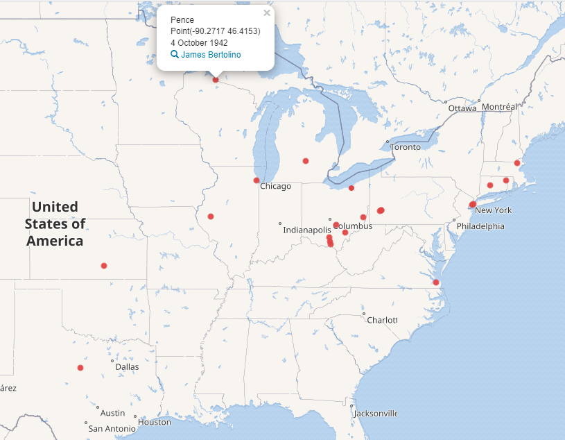 Map of the central and eastern United States with red dots on it indicating where collection creators were born.