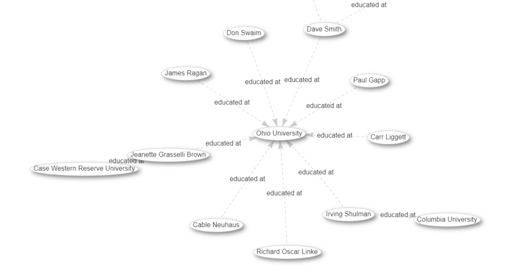 Screenshot of a network graph of bubbles connected by lines creating a visualization of a query.