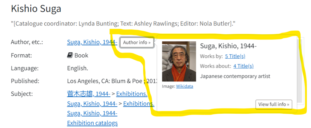Screenshot of a catalog record for a Kishio Suga publication with the expanded knowledge panel highlighted in yellow.