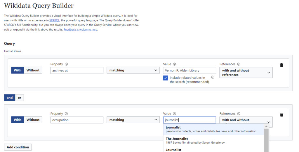 screenshot of the Wikidata query builder.