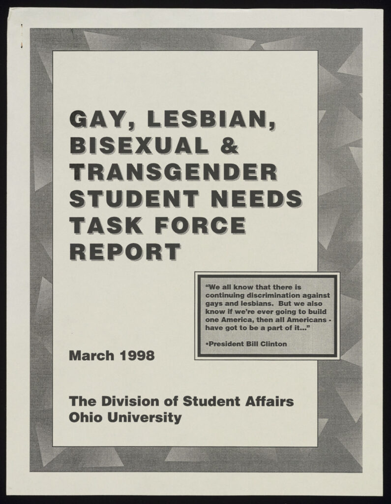 Image of the cover of a pamphlet in grayscale titled "Gay, Lesbian, Bisexual, & Transgender Student Needs Taskforce Report"