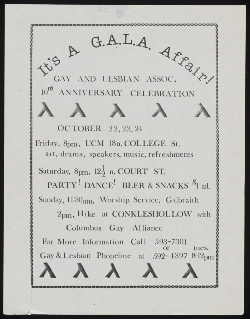 Image of a gray flyer with black text reading "It's a G.A.L.A. Affair! Gay and Lesbian Assoc. 10th Anniversary Celebration" with event details below.