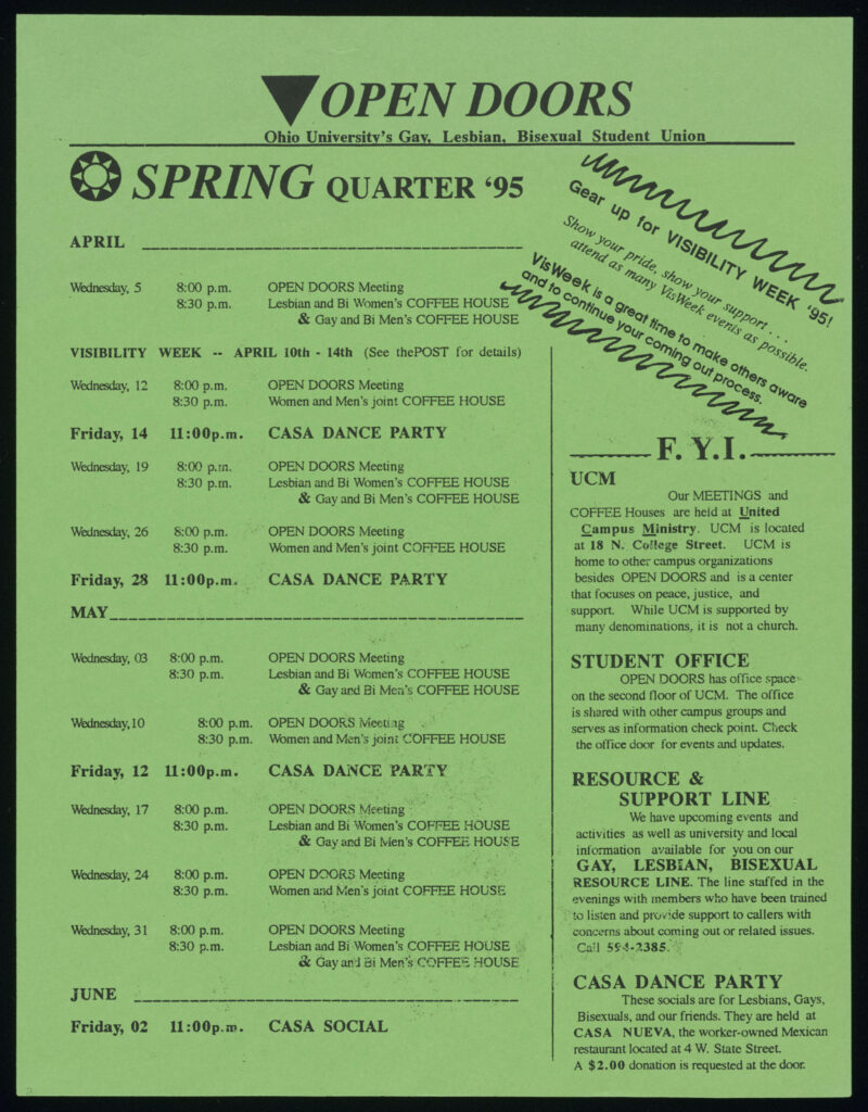 Image of a green flyer with the title "Open Doors. Ohio University's Gay, Lesbian, Bisexual Student Union" with a list of events for April, May, and June 1995.