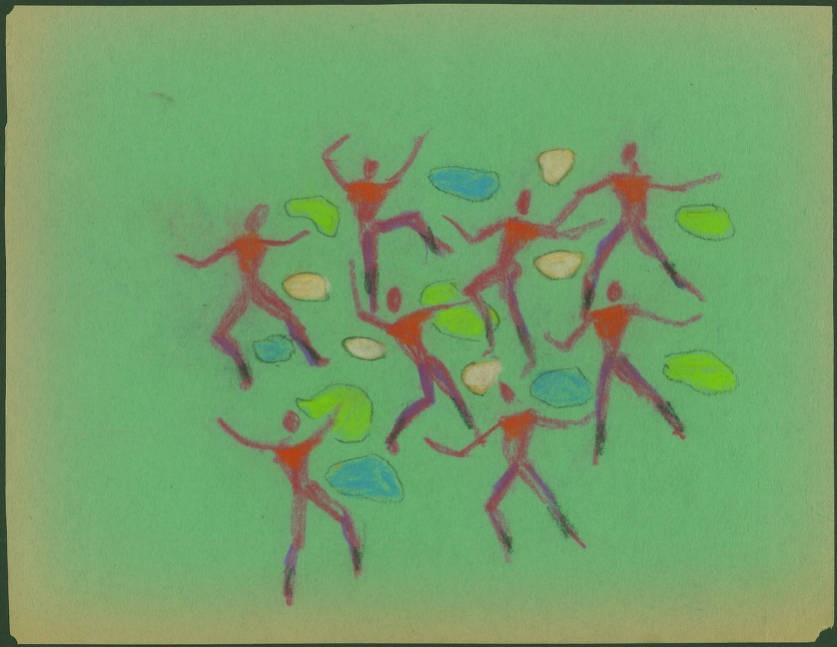 Red dancers in many poses sketched on a faded green background with yellow and blue spots. 