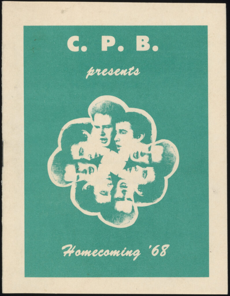 Green and white 1968 Homecoming program cover with graphic featuring Simon and Garfunkel faces