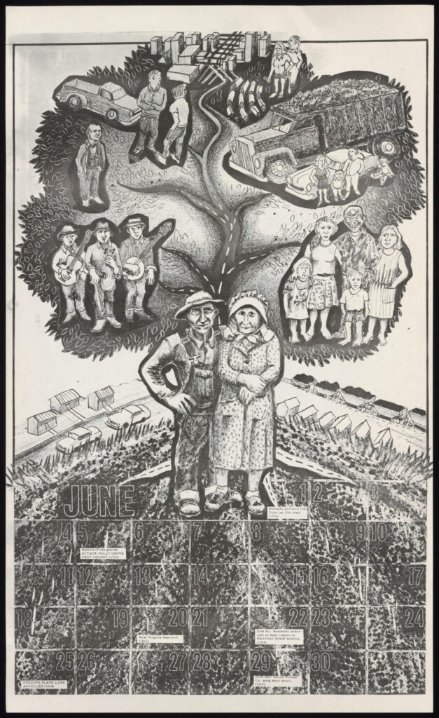 Illustrated 1972 calendar page with image of Appalachian culture and family scenes