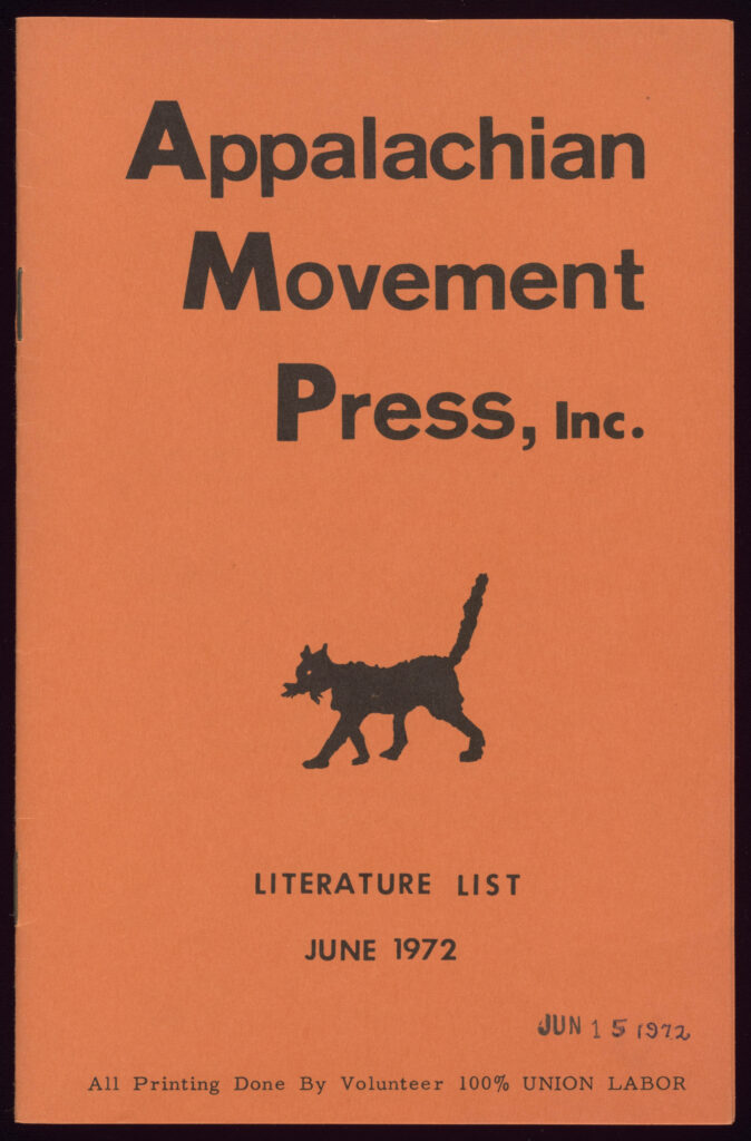 Orange cover of literature list pamphlet published by Appalachian Movement Press, 1972