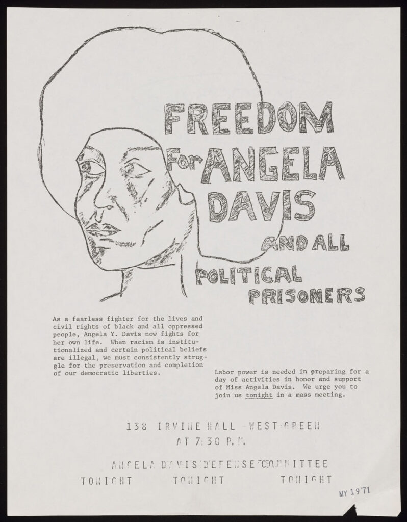 Photocopied meeting flyer with hand-drawn portrait of political prisoner, Angela Davis, 1971