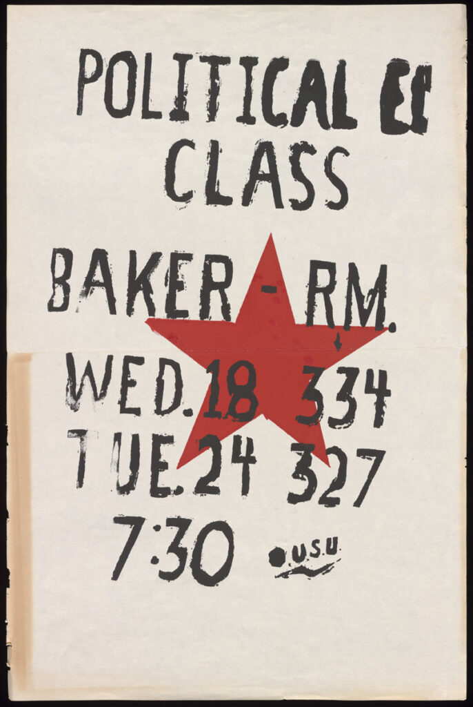 Paint-stamped Political Education class poster with meeting details and red star in background