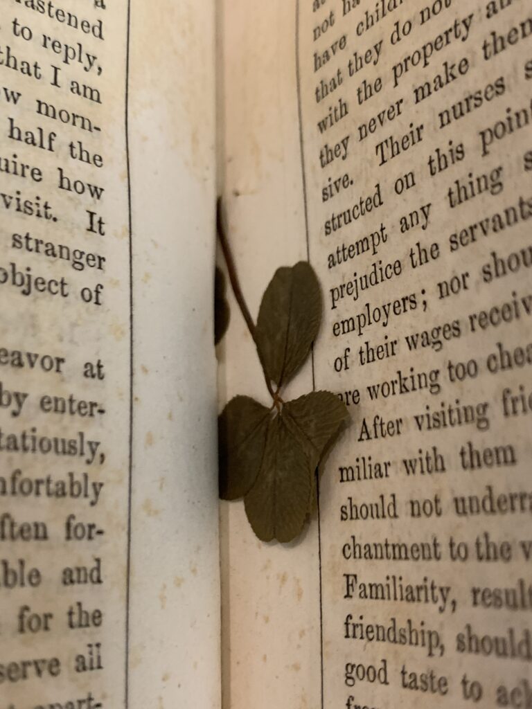 A four-leaf clover pressed between pages of the the June 1858 issue of The Ladies’ Repository