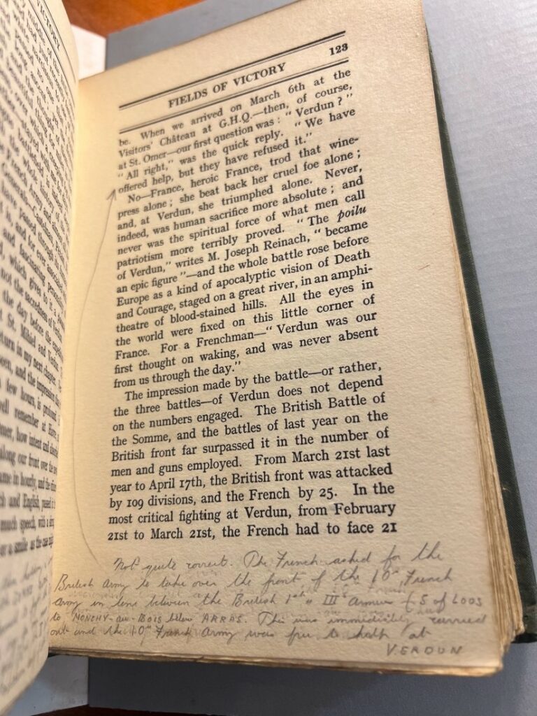 Blunden commented in pencil, correcting details about British/French army involvement during WWI on a page in Fields of Victory
