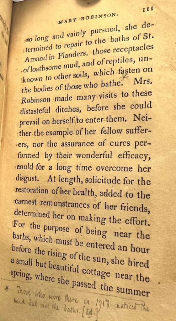 A comment, written in pencil by Blunden, on the bottom of a page describing the baths of St. Armand in Flanders from Memoirs of the Late Mrs. Robinson