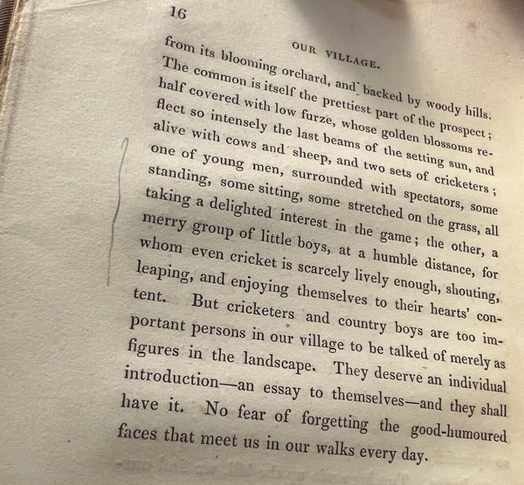 A passage marked in pencil about cricket in Mary Russell Mitford, Our Village, 1832