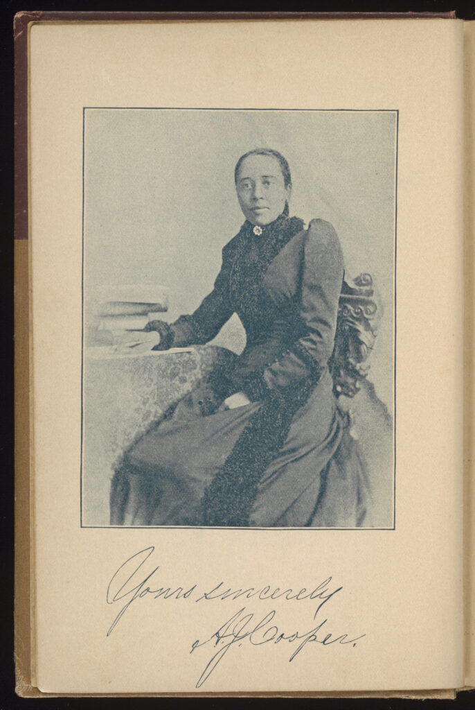 Frontispiece portrait of Anna Julia Cooper with printed signature from A Voice from the South, by a Black Woman of the South, Xenia, Ohio, 1892