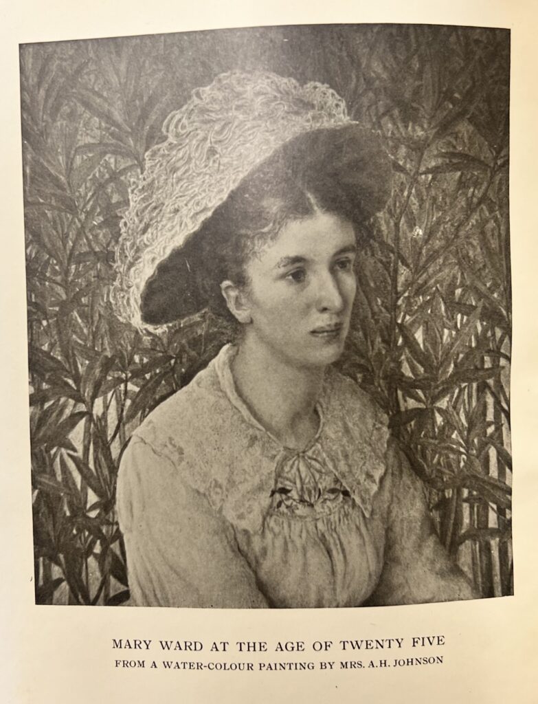 A black and white frontispiece painted portrait of Mary Augusta Ward