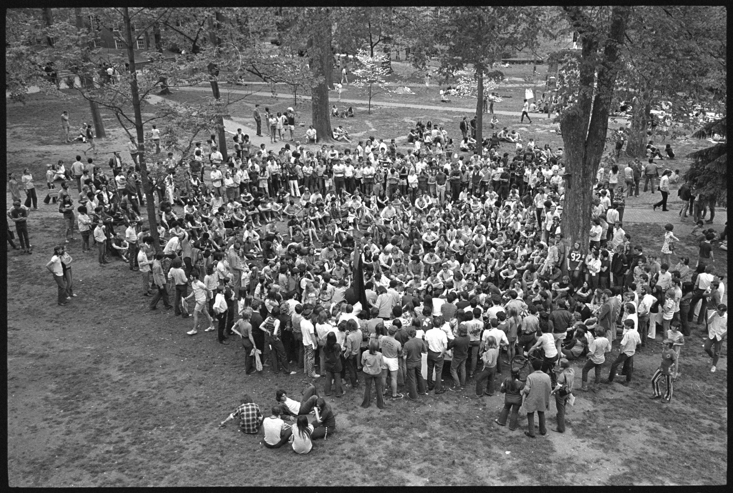 Overhead view of crowd gathered at a rally on the College Green