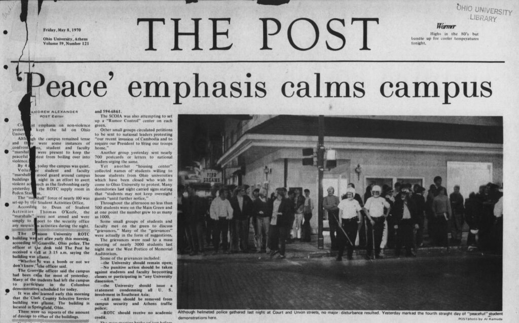 Front page of Post newspaper, May 8, 1970 with photo of police and students in the street during peaceful protest.