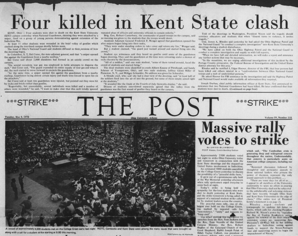 Front page of Post newspaper, May 5, 1970 with headlines related to Kent State shootings and the student strike.
