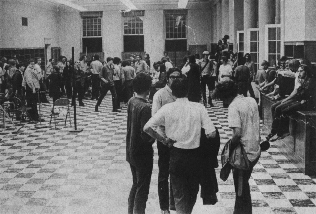 Crowd of students gathered in main room of Chubb Hall during a sit-in protest