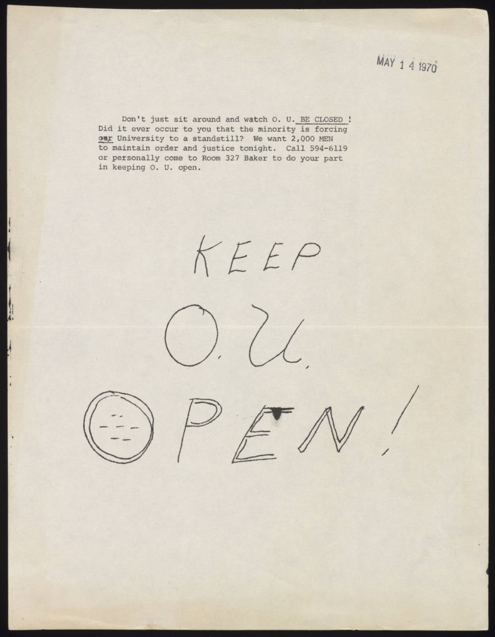 Flyer distributed on Ohio University campus, May 14, 1970, encouraging students to attend a meeting with the goal of preventing school closure