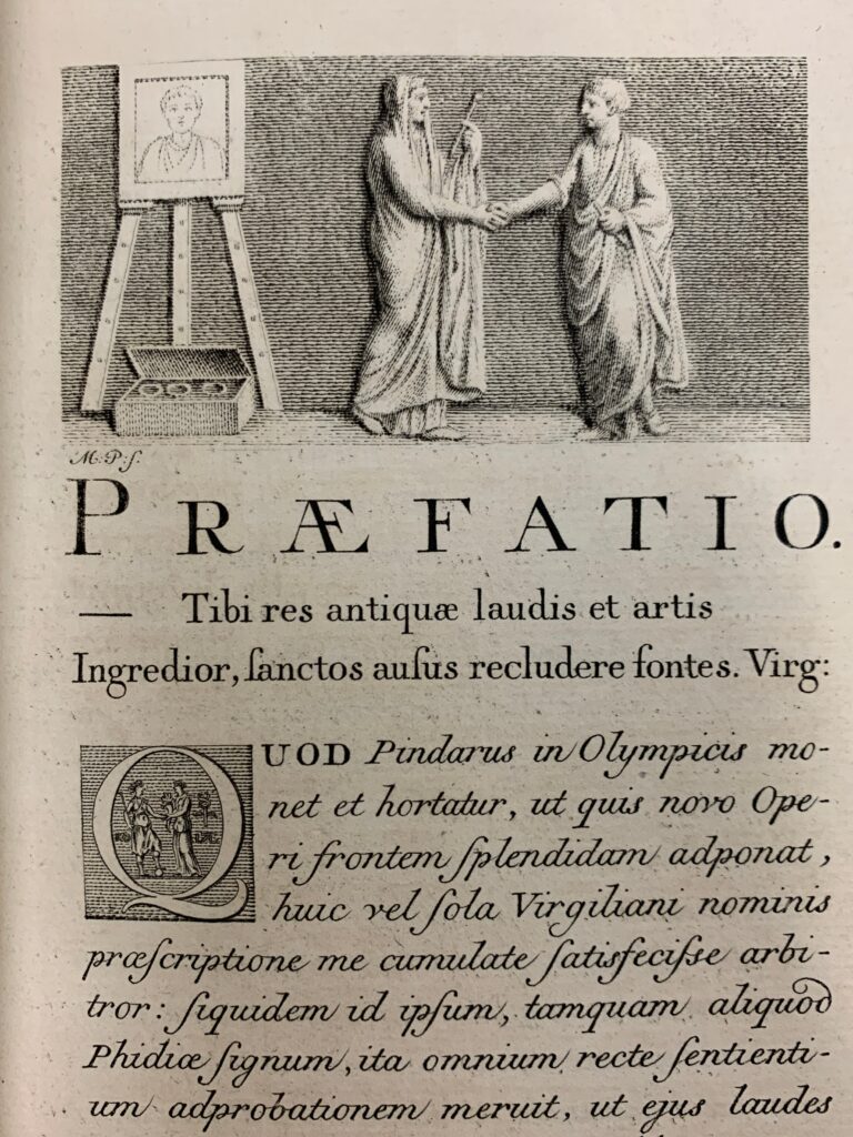 Praefatio page of Publii Virgilio Maronis Bucolica et Georgics, 1757, with an engraved illustrated header above the page title and an engraved initial Q