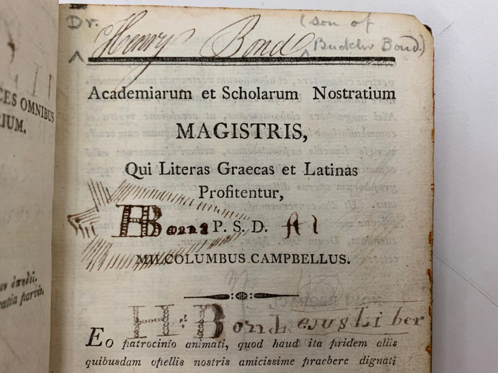 First text page of Græcæ grammaticæ Westmonasteriensis institutio compendiaria by James Ross, 1813, covered in signatures and doodles by Henry Bond