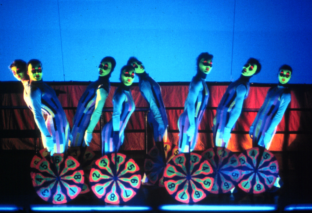 Dancers with masks on during a performance of "Gallery", created by Alwin Nikolais