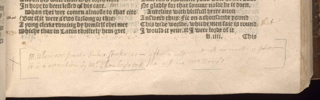 Marginalia on the bottom of a page of "The Frankelein's [Franklin's] Tale" that includes the handwritten note: 'N.B. [Nota Bene] wherever I make such a stroke as ‒ after a word, it is a correction after Mr. Chomley M.S. the rest are Mr. Urry's'"
