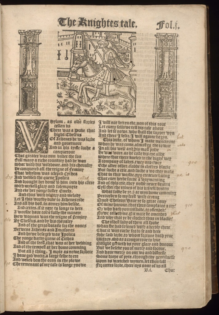 The start of "The Knightes Tale" illustrated by a woodcut of a knight on horseback in front of a castle, surrounded by two fancy woodcut columns. The text begins with a decorated initial W.