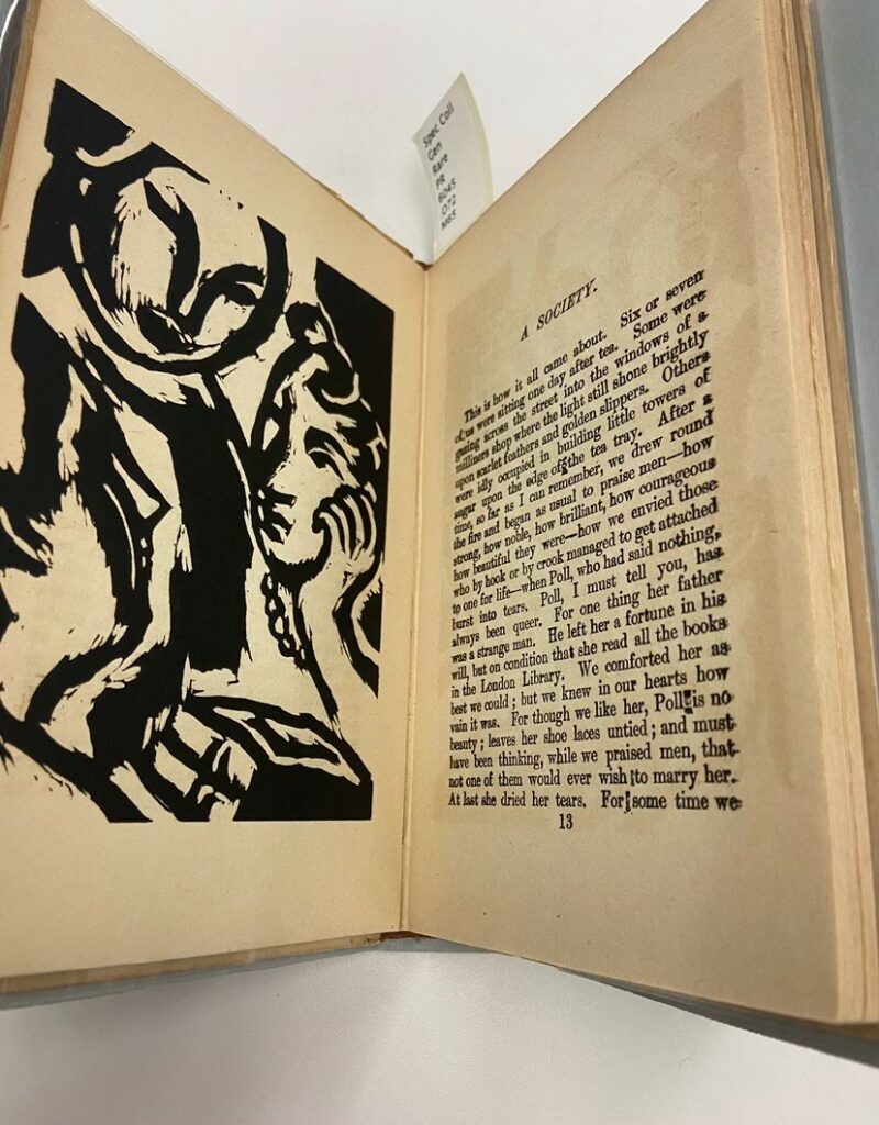 Vanessa Bell woodcut and the start of Virginia Woolf's short story "A Society" in Monday or Tuesday (1921)