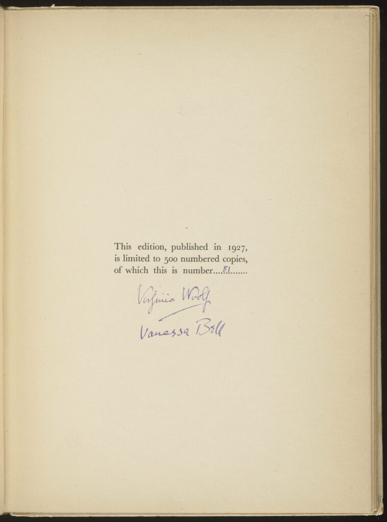 Image of the Kew Gardens edition page, numbered and signed in purple by Virginia Woolf and her sister Vanessa Bell. 