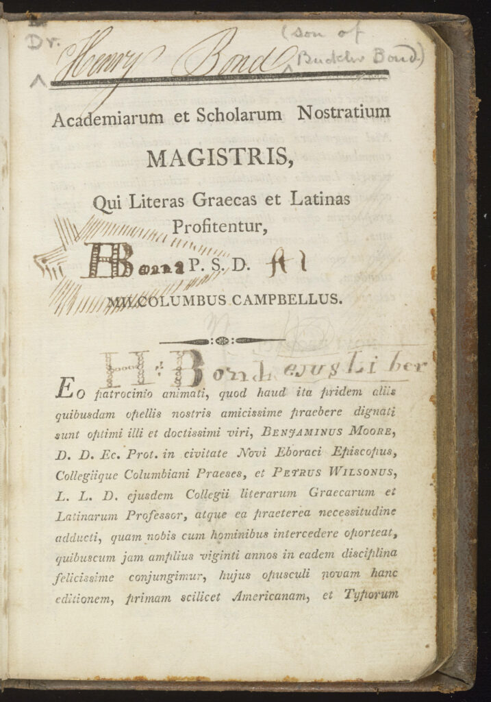 Page from Institutio Graecae grammatices compendiaria (1804), covered in handwritten names, signatures, drawings, and doodles.
