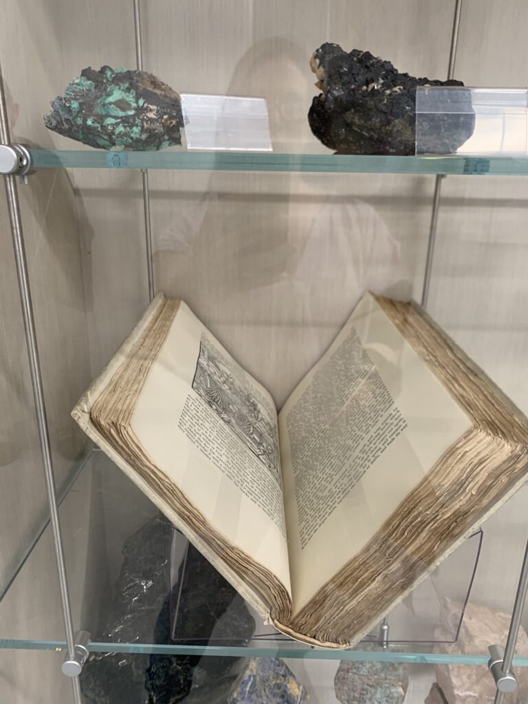 The 1912 translation into English by Herbert and Lou Hoover of De re metallica on display. Photo courtesy of Miriam Intrator