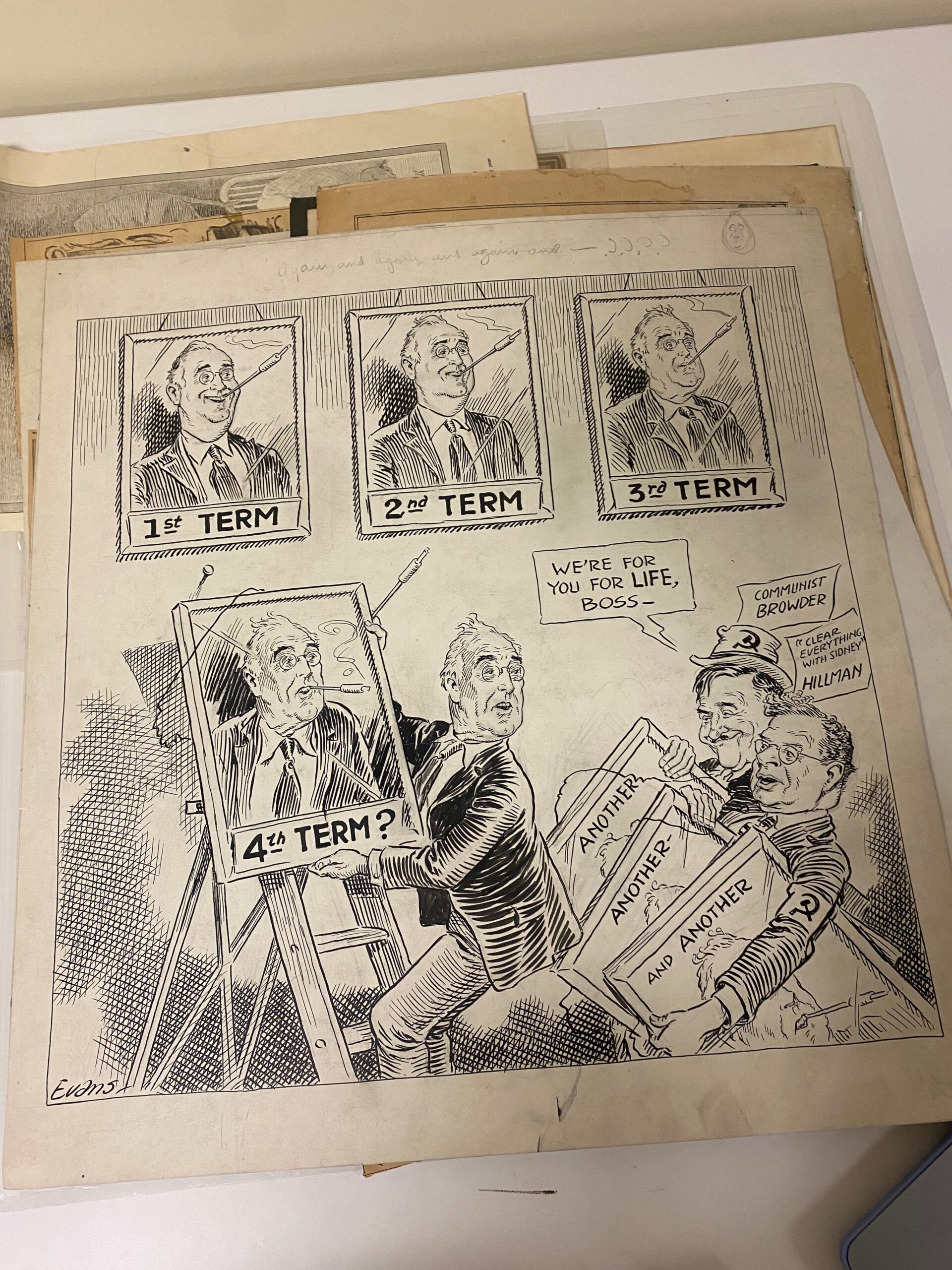 political cartoon depicting cartoonists creating portraits of FDR each representing another term as president and showing FDR increasingly older.