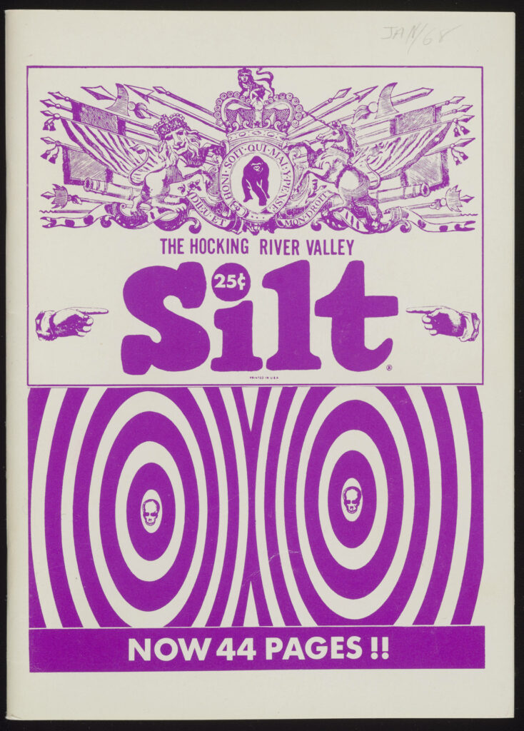 Front cover of The Hocking River Valley Silt magazine featuring purple title text and graphic of concentric circles and skulls