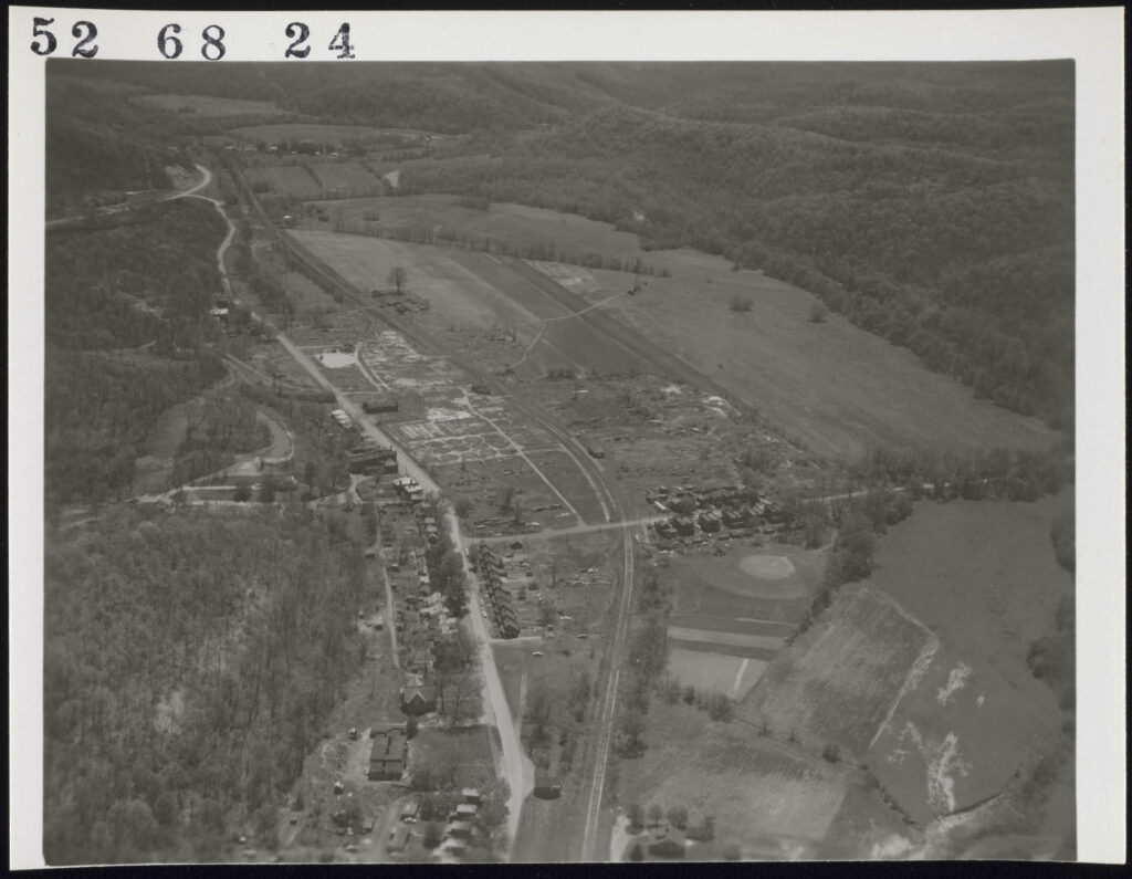 Aerial view of Haydenville, Ohio in 1968 showing former site of demolished brick kilns and other buildings associated with Haydenville Mining and Manufacturing Company