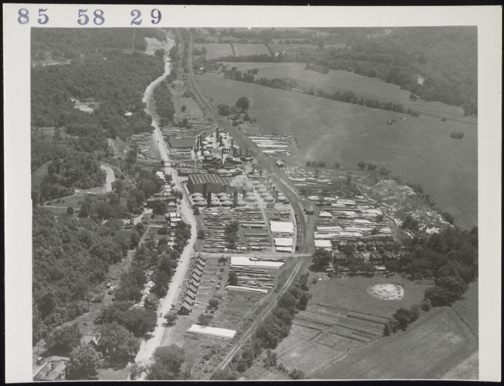 Aerial view of Haydenville, Ohio in 1958 showing brick kilns and other buildings associated with Haydenville Mining and Manufacturing Company