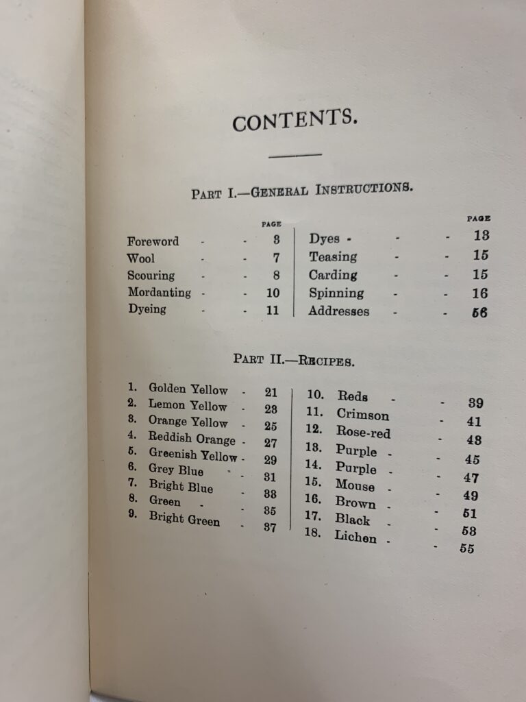 Table of Contents from  of Notes on Spinning and Dyeing Wool by May Holding (1922)