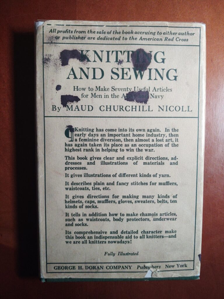 Printed dust jacket covering Knitting and Sewing: How to Make Seventy Useful Articles for Men in the Army and Navy by Maud Churchill Nicoll (1918)