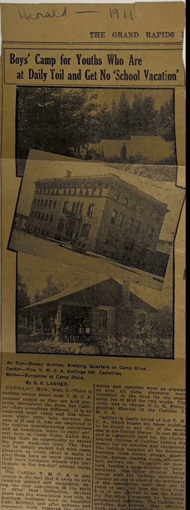 Yellowed newspaper clipping with images of Boys' Camp buildings, 1911 article written by GSL in "The Michigan Kalamazoo"