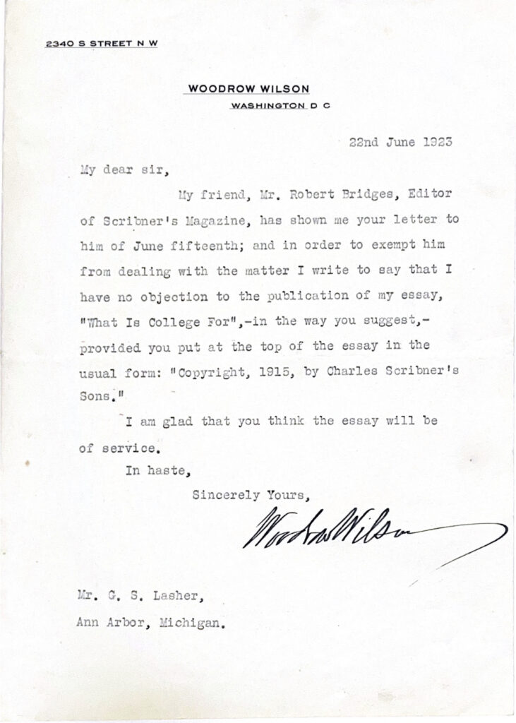 Black and white autographed type written letter from Woodrow Wilson.