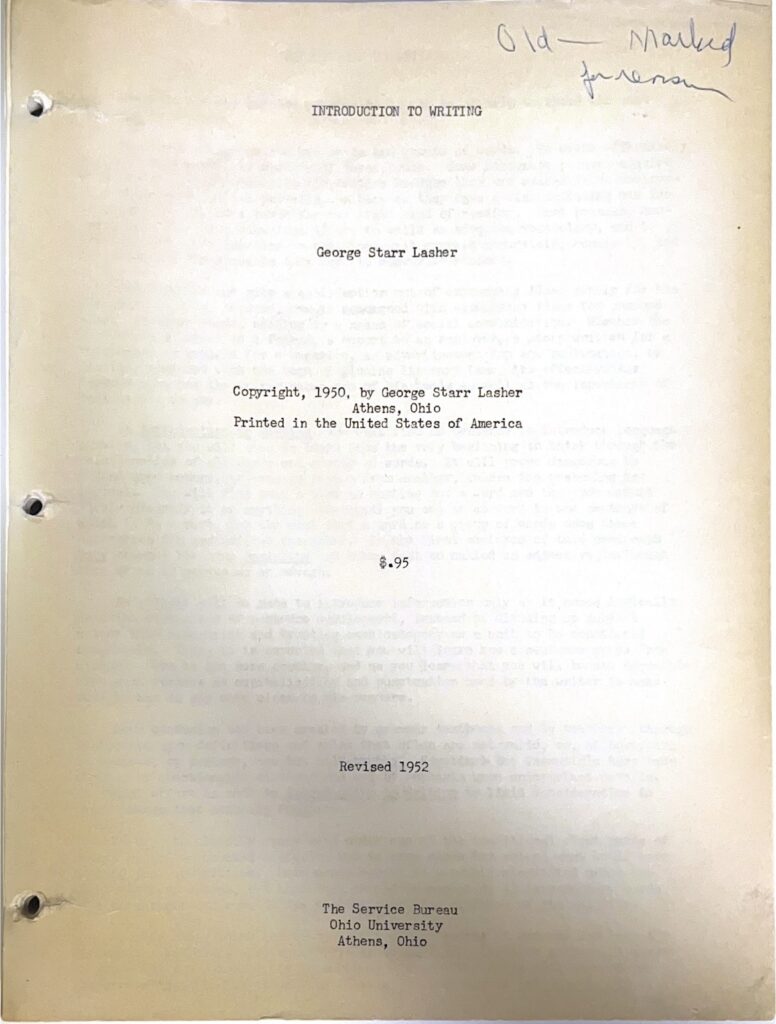 Front page of a typewritten version of Introduction to Writing by George Starr Lasher.