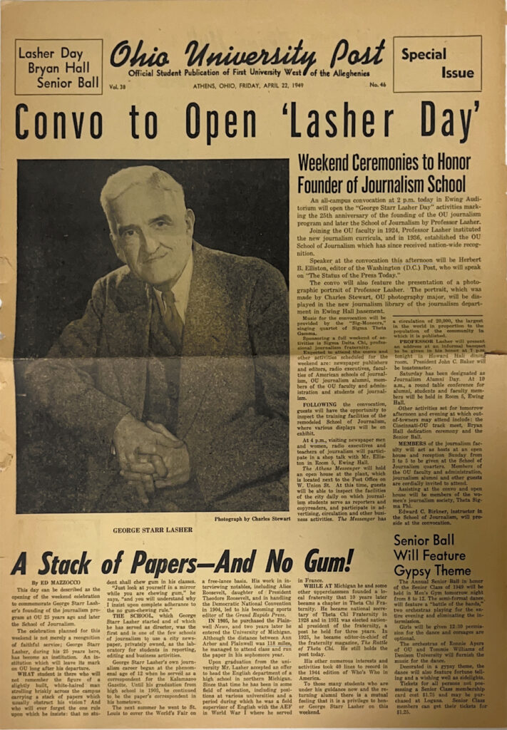 Ohio University Post cover with "Convo to Open 'Lasher Day'" article and large image of George Lasher.