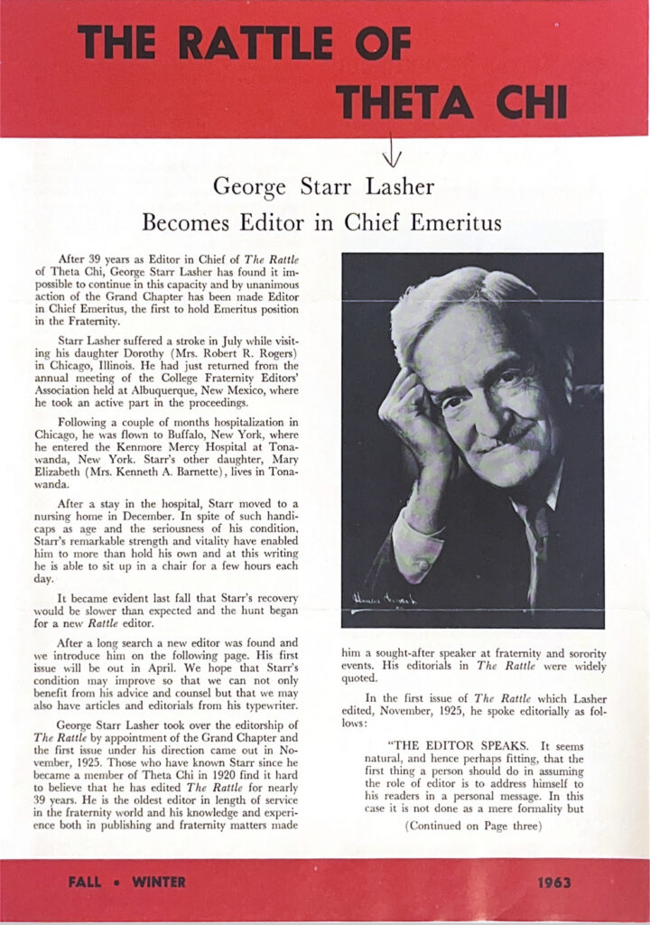 The Rattle of Theta Chi article about George Lasher becoming editor, red bars at top and bottom, black and white in center with photograph portrait of Lasher.