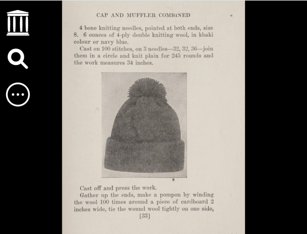 Instructions for cap and muffler combined from Knitting and Sewing by Nicoll