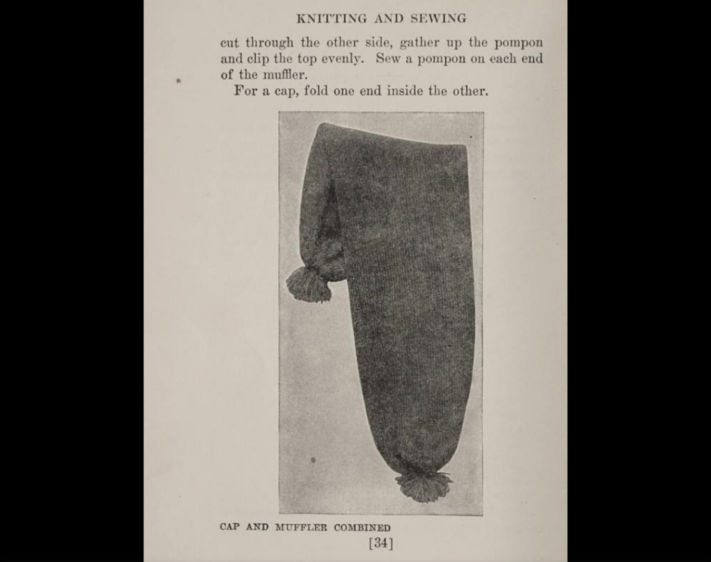 Instructions for cap and muffler combined, continued, from Knitting and Sewing by Nicoll