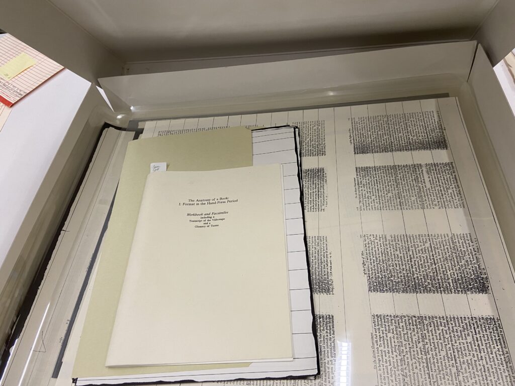 "The Anatomy of a Book" training materials; includes a transcript, glossary, and paper samples printed to be folded into quartos, octavos, and duodecimos (which refer to specific book sizes and formats). 